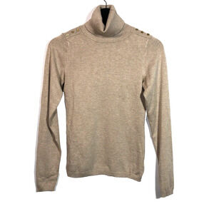 Tan Fine Knit Sweater The Limited Gold Buttons on Shoulders Turtleneck Small
